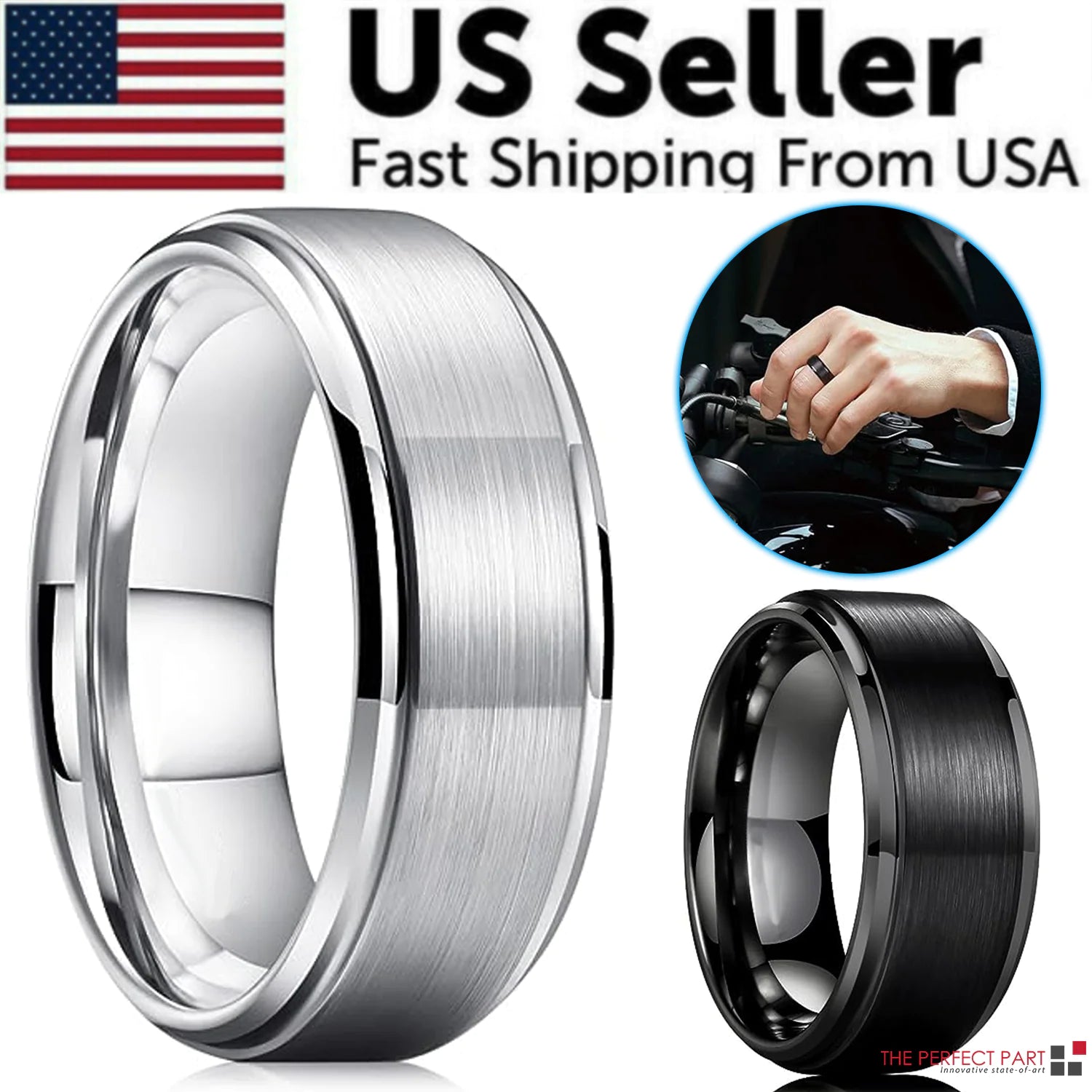 Elite Tungsten Carbide Wedding Band – Brushed Silver & Black | Men’s Ring Sizes 5–17