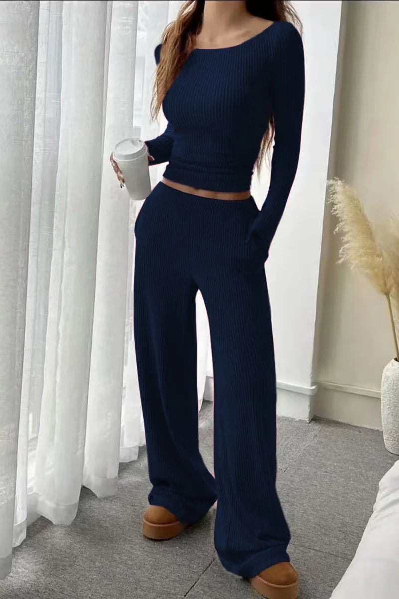 LUXÉLINE “Snug Muse” Ribbed Knit Lounge Set — Two-Piece Wide-Leg Sweater Set (6 Colors)