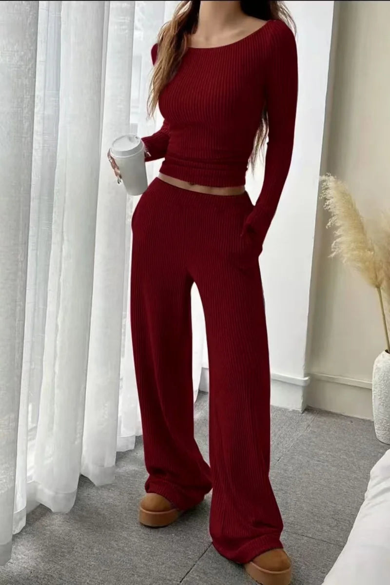 LUXÉLINE “Snug Muse” Ribbed Knit Lounge Set — Two-Piece Wide-Leg Sweater Set (6 Colors)
