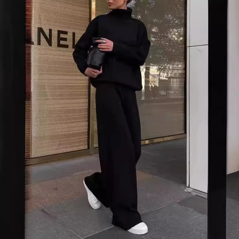 LUXÉLINE | Sculpted Knit Lounge Set – Turtleneck Top & Wide-Leg Pant