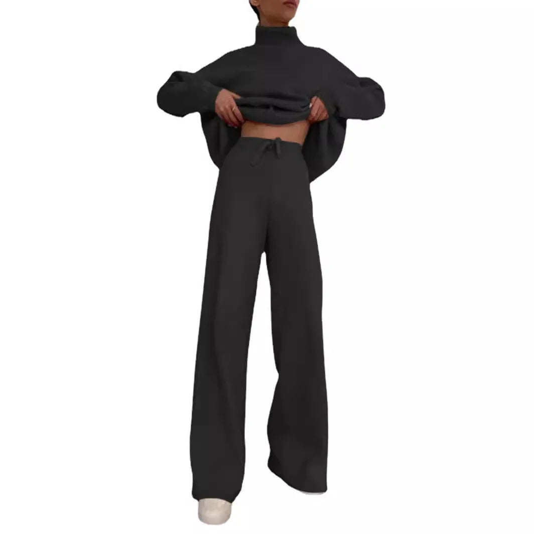LUXÉLINE | Sculpted Knit Lounge Set – Turtleneck Top & Wide-Leg Pant