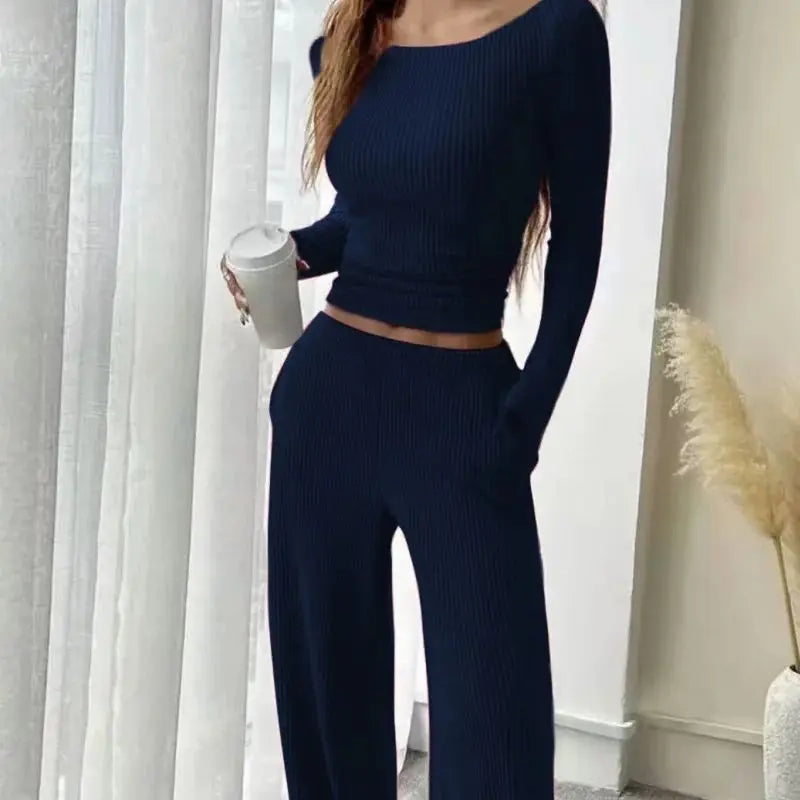 LUXÉLINE “Snug Muse” Ribbed Knit Lounge Set — Two-Piece Wide-Leg Sweater Set (6 Colors)