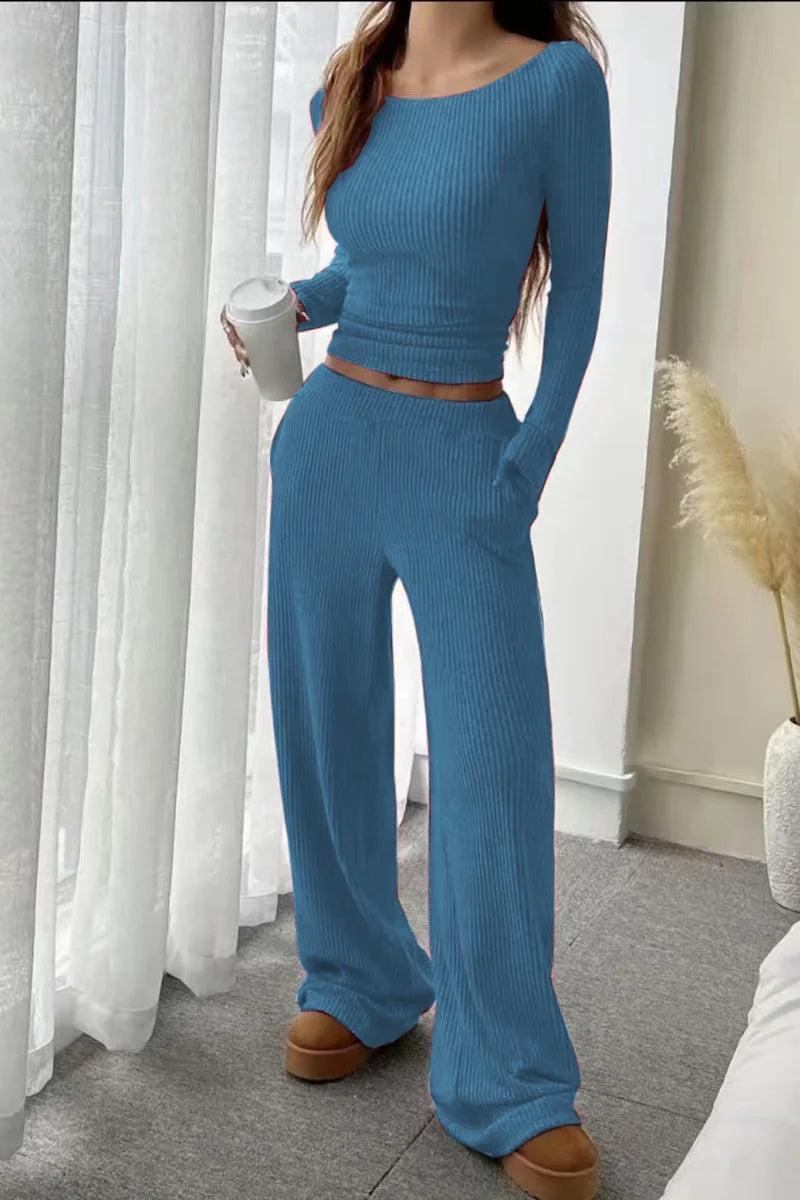 LUXÉLINE “Snug Muse” Ribbed Knit Lounge Set — Two-Piece Wide-Leg Sweater Set (6 Colors)