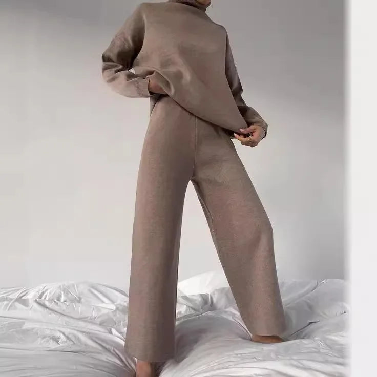 LUXÉLINE | Sculpted Knit Lounge Set – Turtleneck Top & Wide-Leg Pant