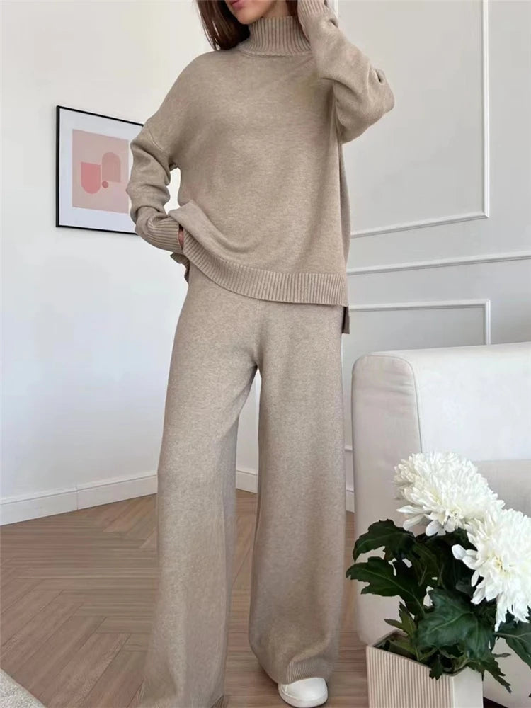 LUXÉLINE “Cloud Mode” Luxe Knit Lounge Set – Turtleneck & Wide-Leg Joggers